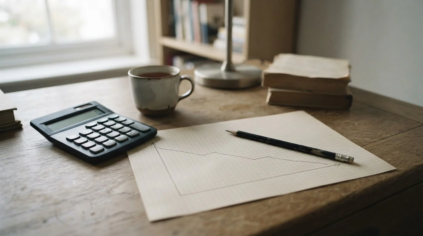 Calculadora junto a papel milimetrado con una línea que desciende poco a poco
