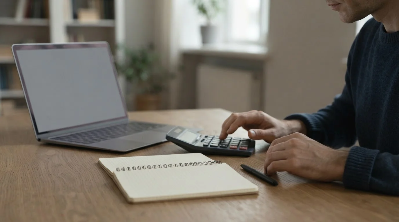 Manos con calculadora y cuaderno junto a un portátil con una tabla gris