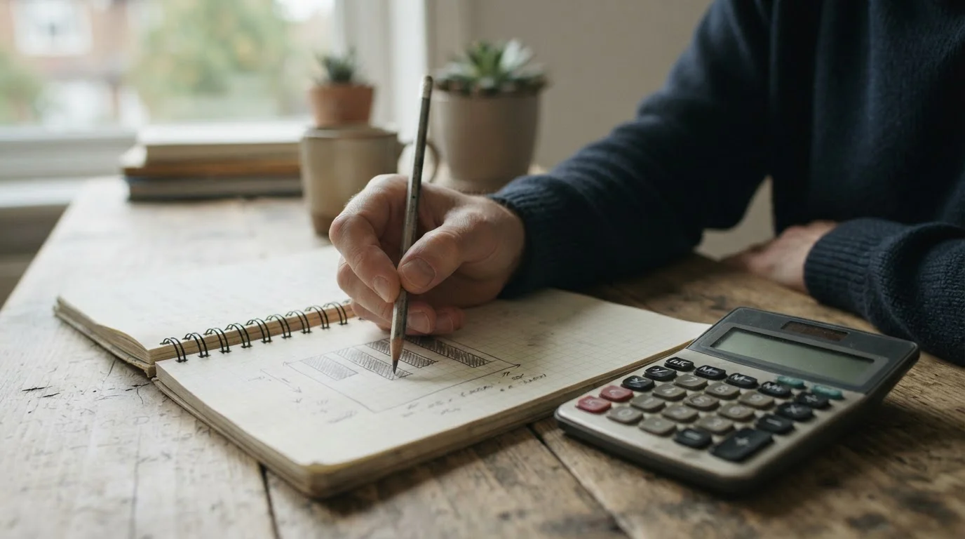 Cuaderno con un gráfico de barras descendente junto a una calculadora