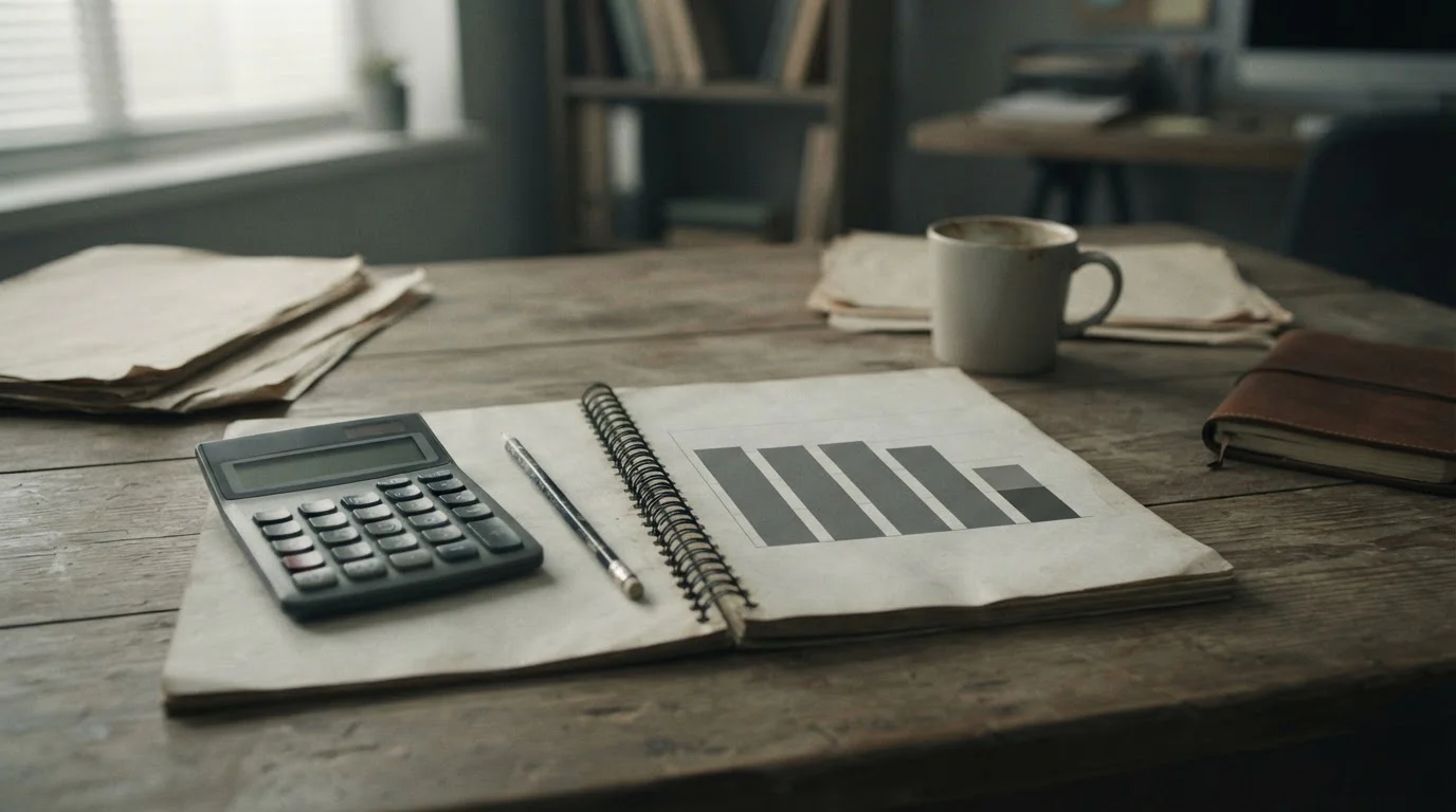 Gráfico de barras abstracto con una barra reducida junto a una calculadora
