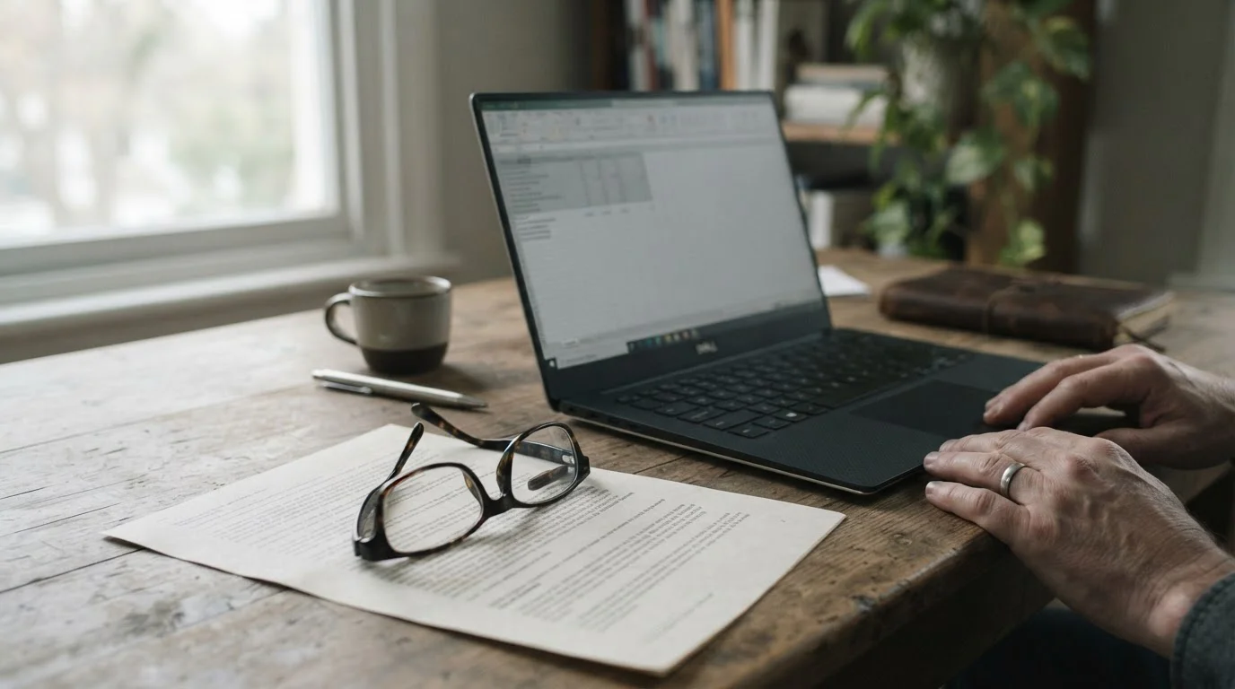 Documento normativo impreso y gafas de lectura junto a un portátil