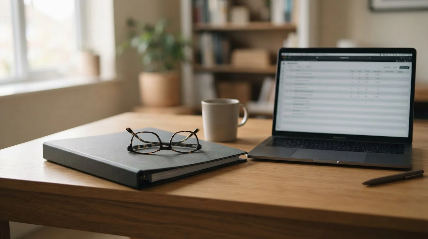 Carpeta de normativa y gafas sobre un escritorio junto a un portátil