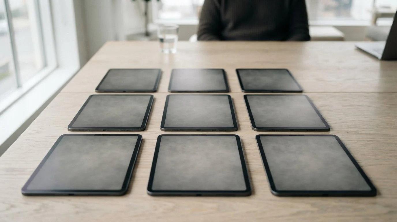Nueve tabletas con tablas grises sin marca dispuestas en cuadrícula