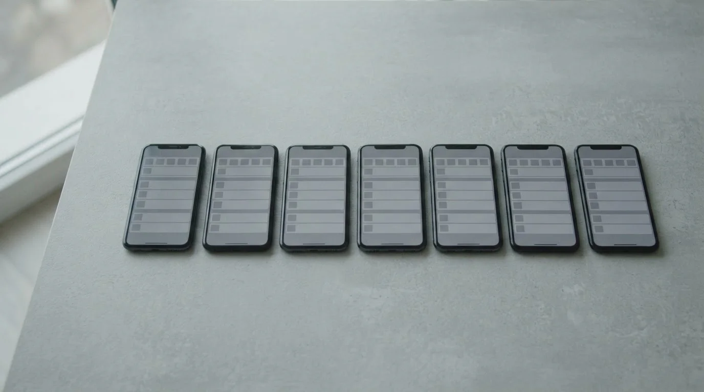 Ocho teléfonos alineados con tablas genéricas en pantalla