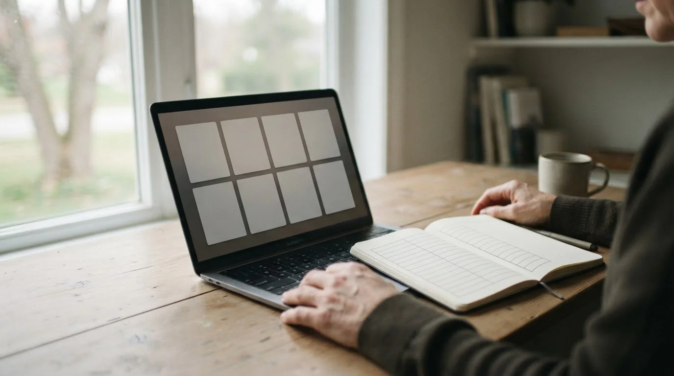 Portátil con ocho bloques de comparación y una libreta con una tabla vacía