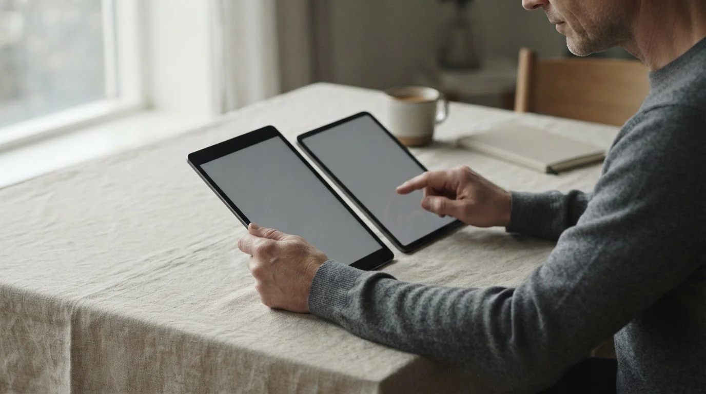 Manos comparando dos tabletas con columnas de datos