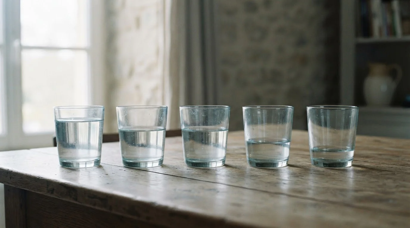 Fila de vasos con el nivel de agua cada vez más bajo