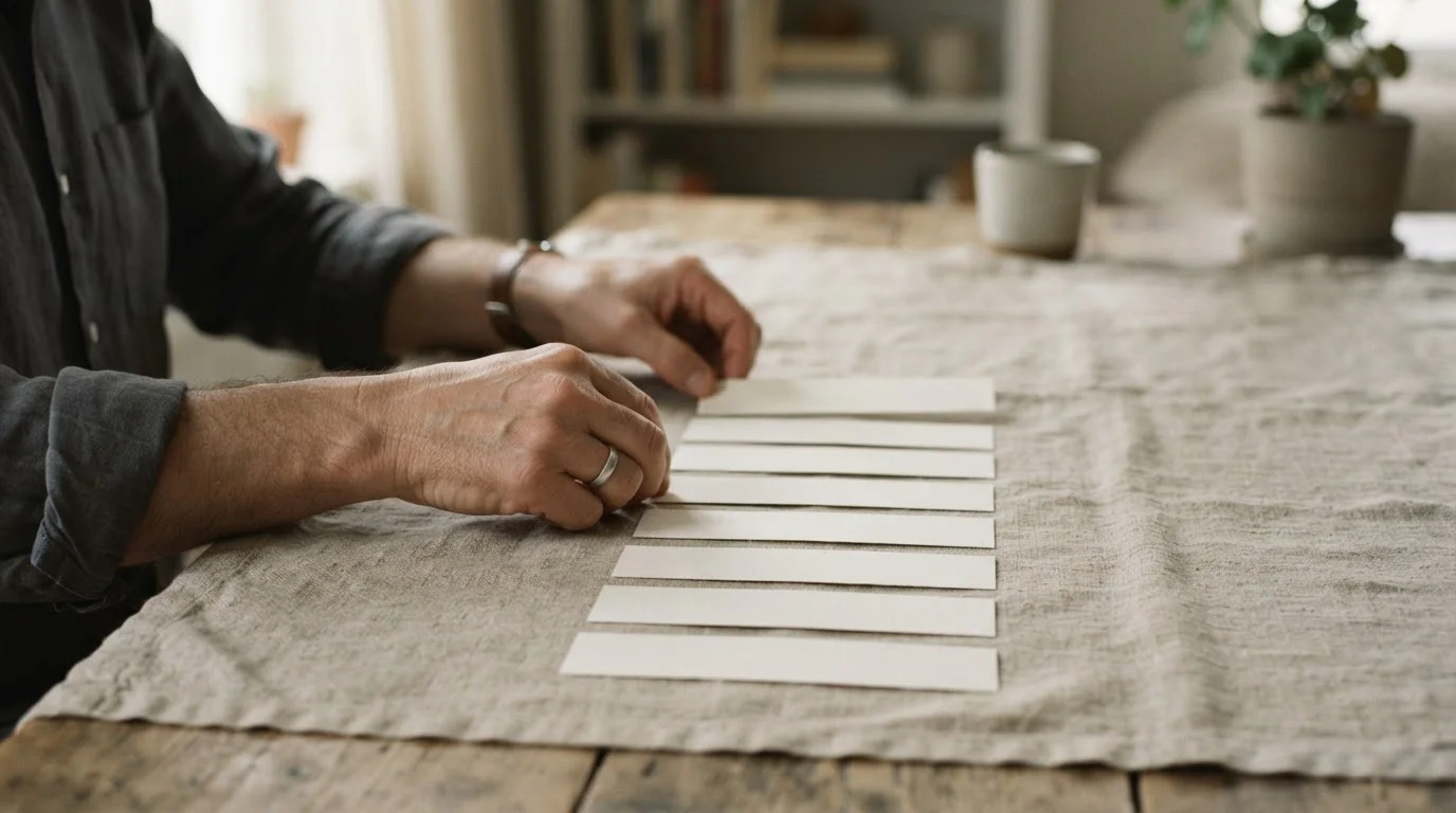 Manos que ordenan diez tiras de papel en blanco de mayor a menor