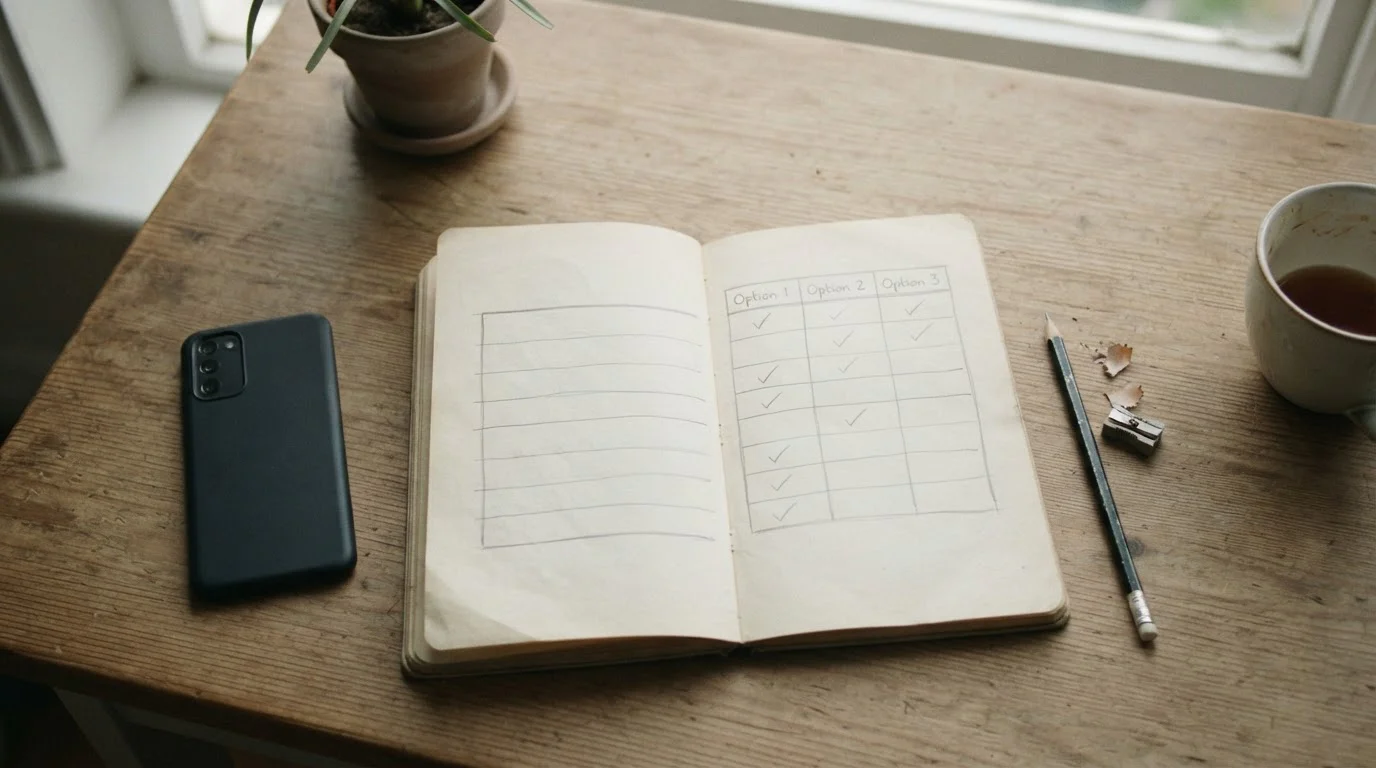 Cuaderno con una tabla comparativa en blanco junto a un móvil boca abajo