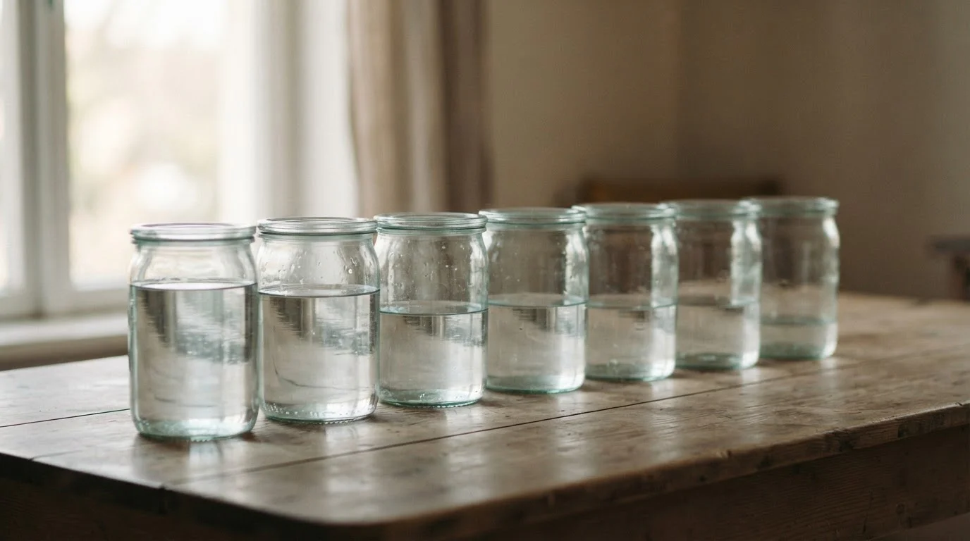 Fila de tarros de cristal con cada vez menos agua