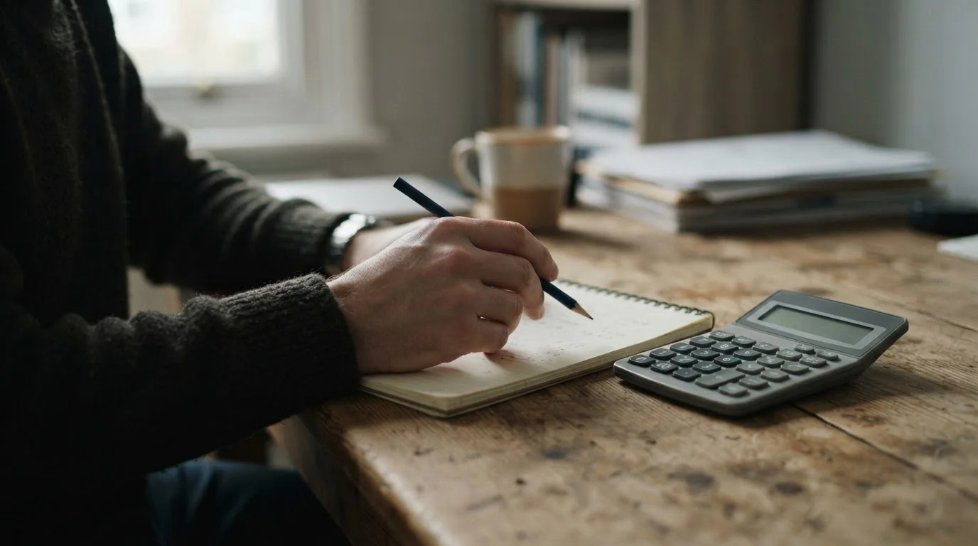 Cálculo a lápiz del requisito de apuesta junto a una calculadora