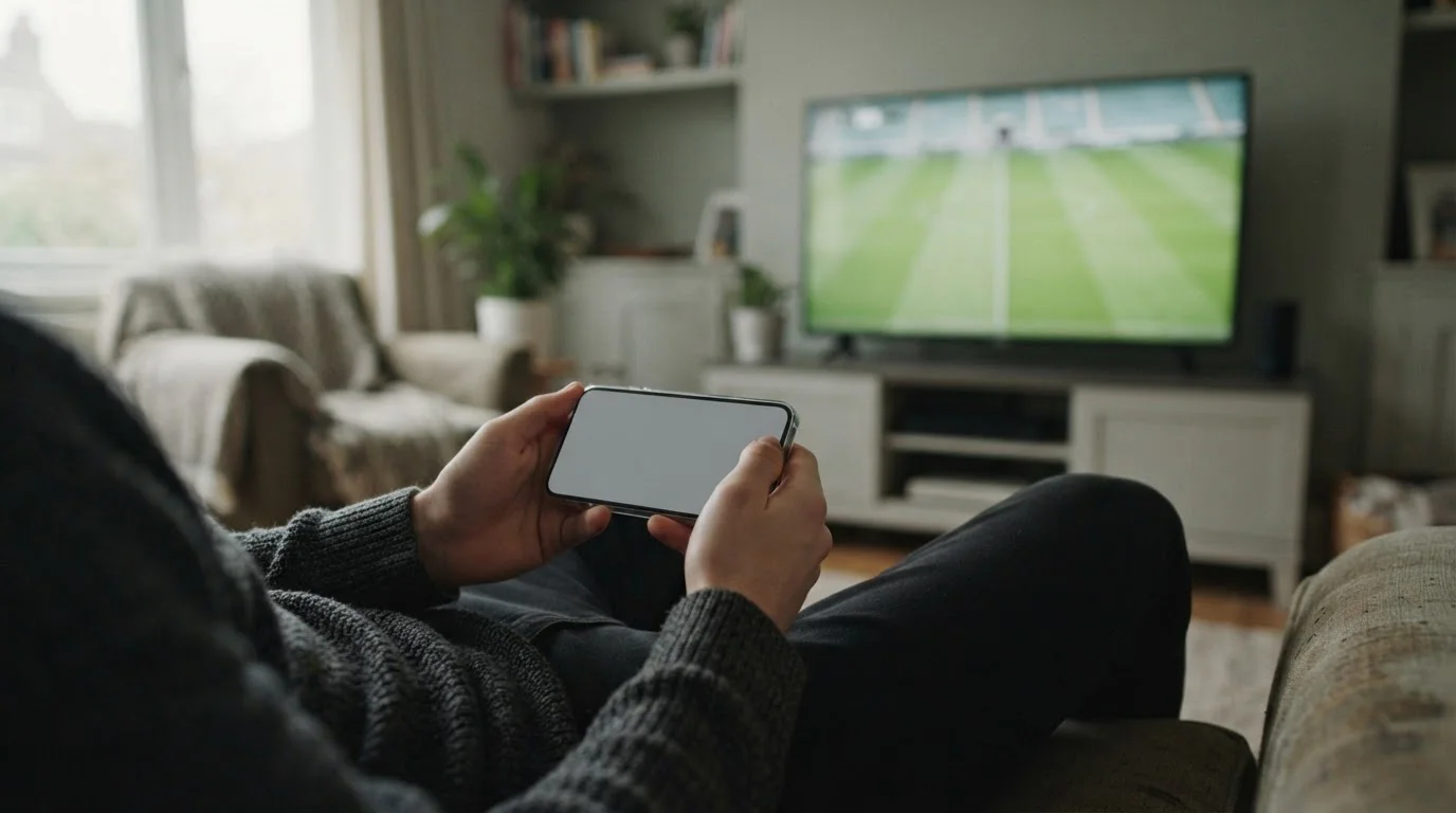 Manos con un móvil frente a un partido de fútbol desenfocado en la televisión