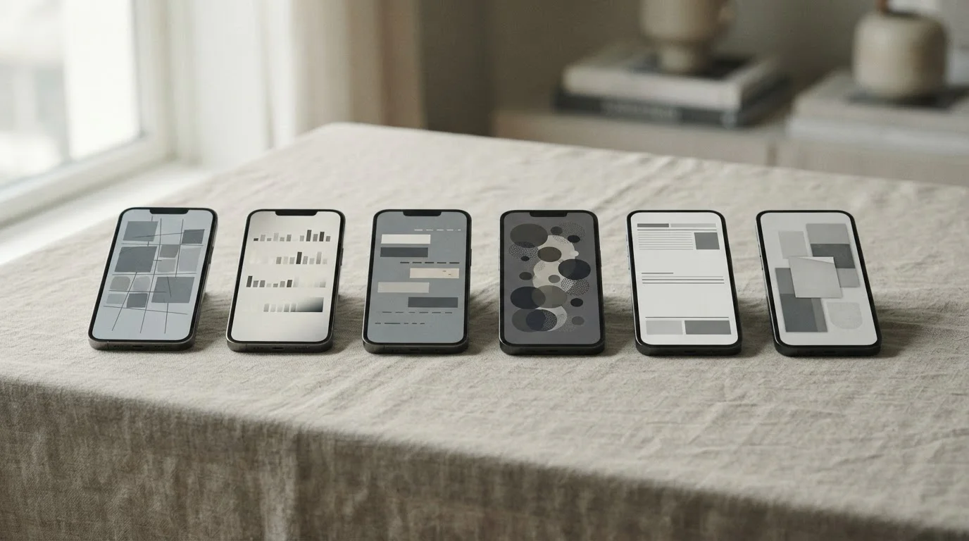 Seis teléfonos móviles alineados con interfaces neutras y distintas entre sí