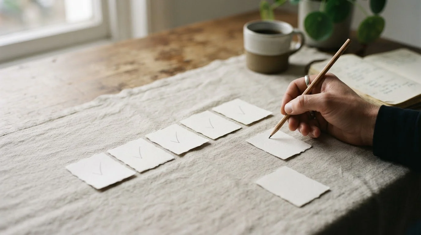 Siete notas de papel sobre una mesa, cinco marcadas a lápiz y dos apartadas