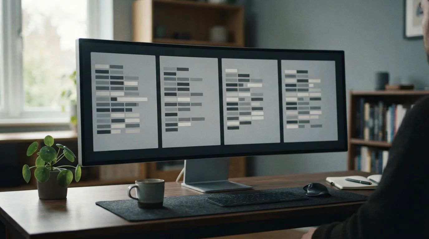 Cuatro paneles neutros comparados en un monitor