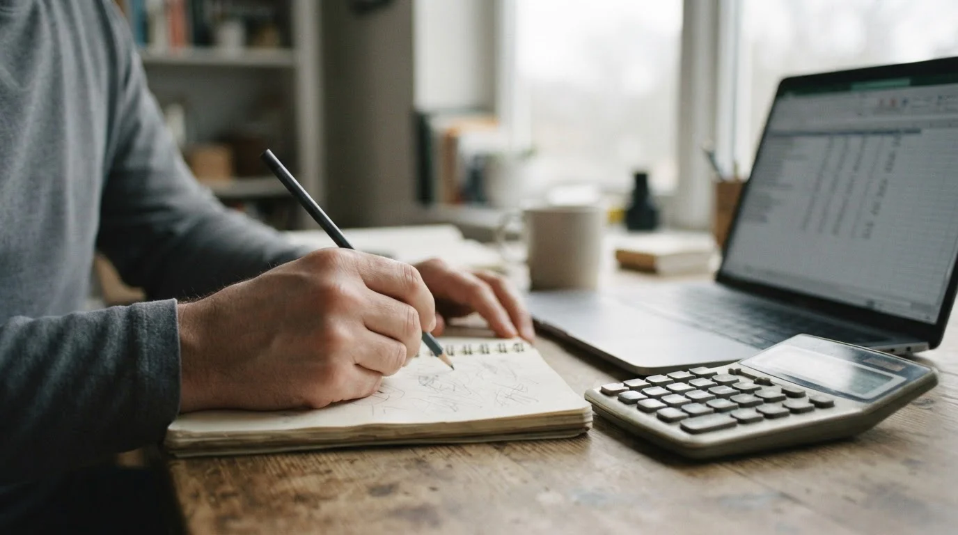 Notas a lápiz junto a una calculadora y un portátil con una tabla gris
