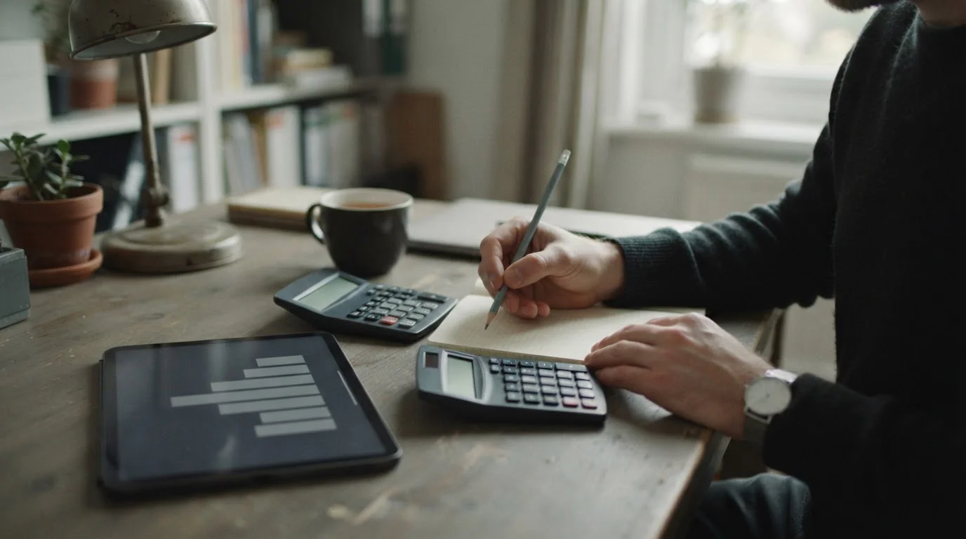 Cálculo del valor real de un bono con calculadora, libreta y tableta