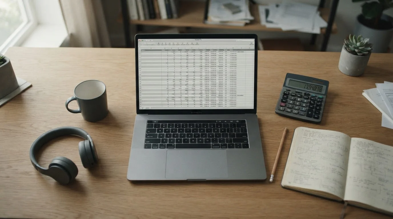 Calculadora, cuaderno y portátil con una tabla gris vistos desde arriba