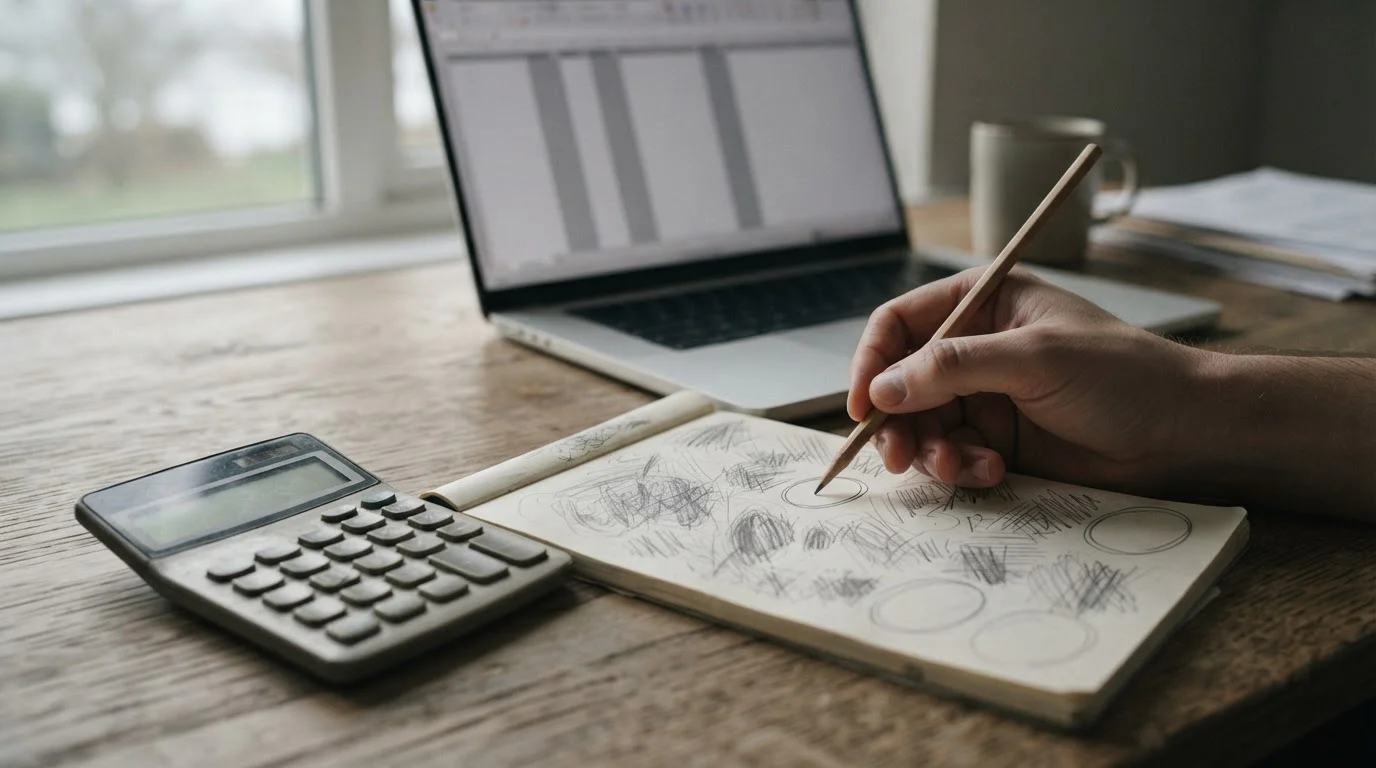 Calculadora y libreta junto a un portátil con una tabla sin nombres